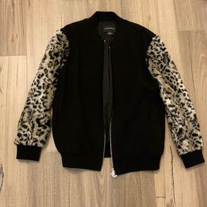 Black with cheetah print sleeves Club Monaco bomber jacket.